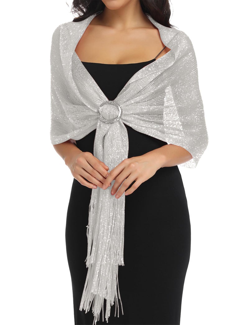BANETTETA Silver Shawls and Wraps for Evening Dresses Shall for Women Dressy Shawls for Evening Wear Transparent Scarf for Dresses (Silver) - Image 1